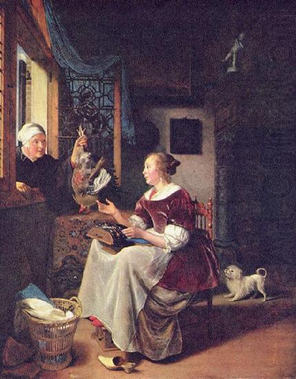 A young lacemaker is interrupted by a birdseller who offers her ware through the window, Pieter Cornelisz. van Slingelandt